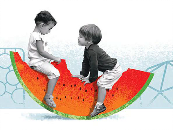 Artistic picture of two children riding a slice of water melon as if it was a see-saw