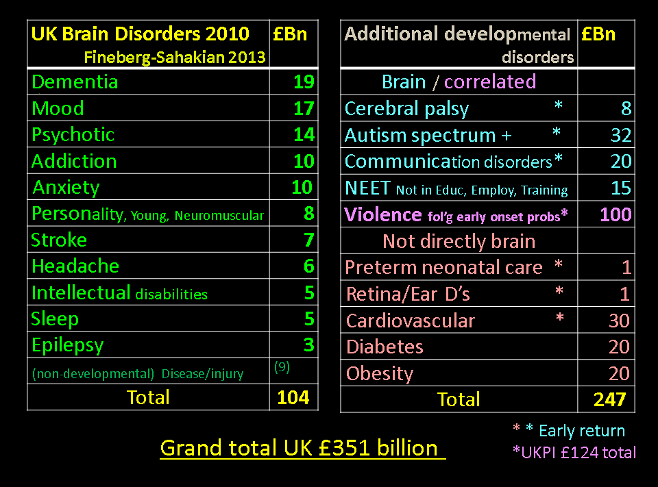 'UK Brain Disorders 2010': lists various brain disorders and their costs in billion pounds, totaling £104 billion. Another section titled 'Additional developmental disorders' lists costs for correlated and non-direct brain disorders, totaling £247 billion. The grand total is £351 billion.