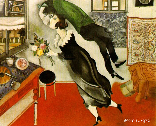 Painting by Marc Chagall: 'The Birthday'. Depicts Chagall himself, levitating above his beloved wife, Bella. He twists his body backwards to kiss her, a gesture of passionate affection. Bella, holding a bouquet of flowers, is also floating, seemingly caught off guard by her husband's playful surprise. The couple is set against a brightly colored backdrop of a living room, with a red carpet dominating the scene.