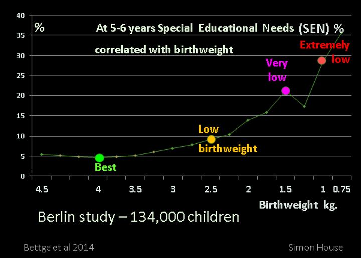 A line chart showing the correlation between birthweight and the likelihood of needing Special Educational Needs (SEN) at age 5-6 in a study of 134,000 children in Berlin. The chart indicates that lower birthweight is associated with a higher risk of SEN.