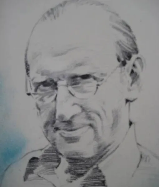 Black and white pencil portrait of Frank Lake, smiling gently, he is middle-aged wearing bi-focals, male-pattern baldness, with the air of a kindly uncle.