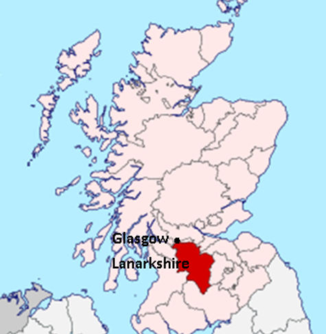 Map of Scotland with Lanarkshire picked out in red, Glasgow shown as black dot.