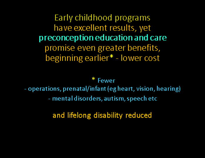 A slide presentation asking what could be achieved with earlier investment in early childhood programs. It suggests that preconception education and care could have even greater benefits, including fewer operations, mental disorders, and lifelong disability.