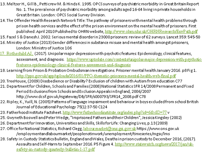 More references related to mental health, crime, and child safety. The references include various studies, official reports, and publications from 1995 to 2017, authored by different researchers and institutions. Each reference is numbered from 13 to 27.