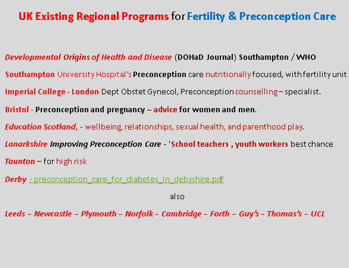 Text describing UK existing regional programs for fertility and preconception care with locations and focuses listed, such as Southampton University Hospital's preconception care and Imperial College London's counselling. Additional locations include Bristol, Lanarkshire, and Derby.