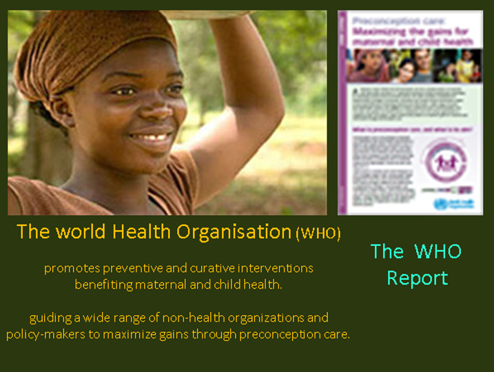 Image promoting the WHO report on preconception care, featuring a smiling woman wearing a headwrap and a separate section highlighting preventive and curative maternal and child health interventions. Text emphasizes the role of non-health organizations.