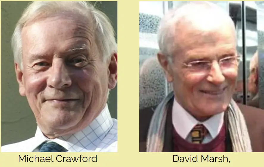 Pictures of Michael Crawford and David Mash. Marsh, bespectacled, late middle-aged with white hair and wearing a jumper over his shirt and tie as well as a thin scarf. He smiles while looking away from the camera, perhaps talking to a journalist outside a lecture hall. 